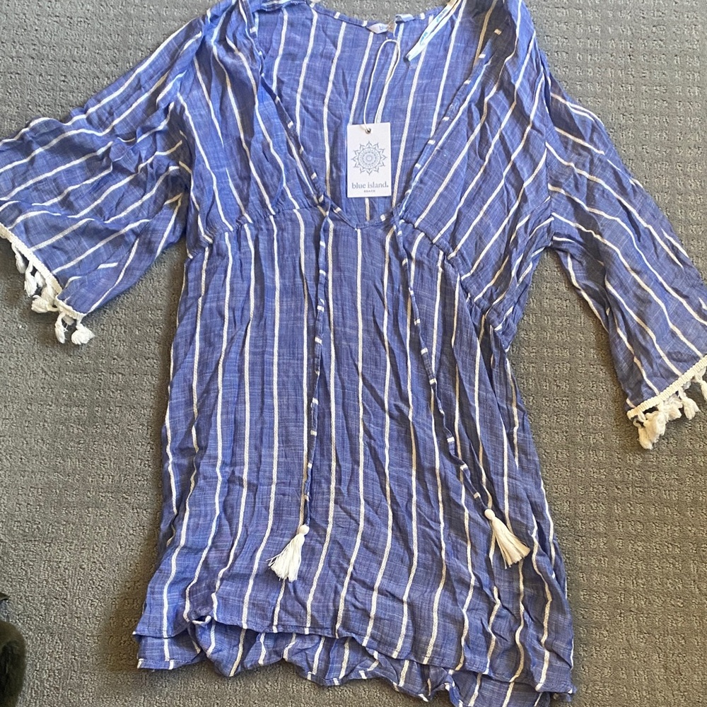 NWT blue island Blue & White Striped Tassel Cover-Up Size L